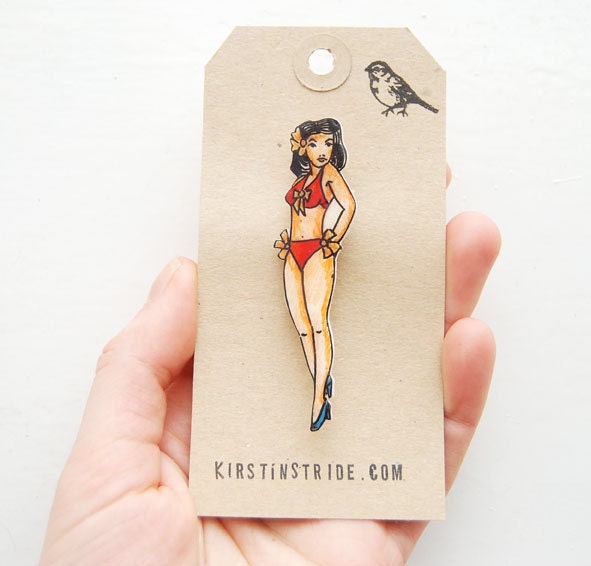Betty Pin up tattoo brooch, Hand drawn