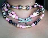 Silver Plated Dragonfly Pendant Recycled Tshirt Beaded Necklace