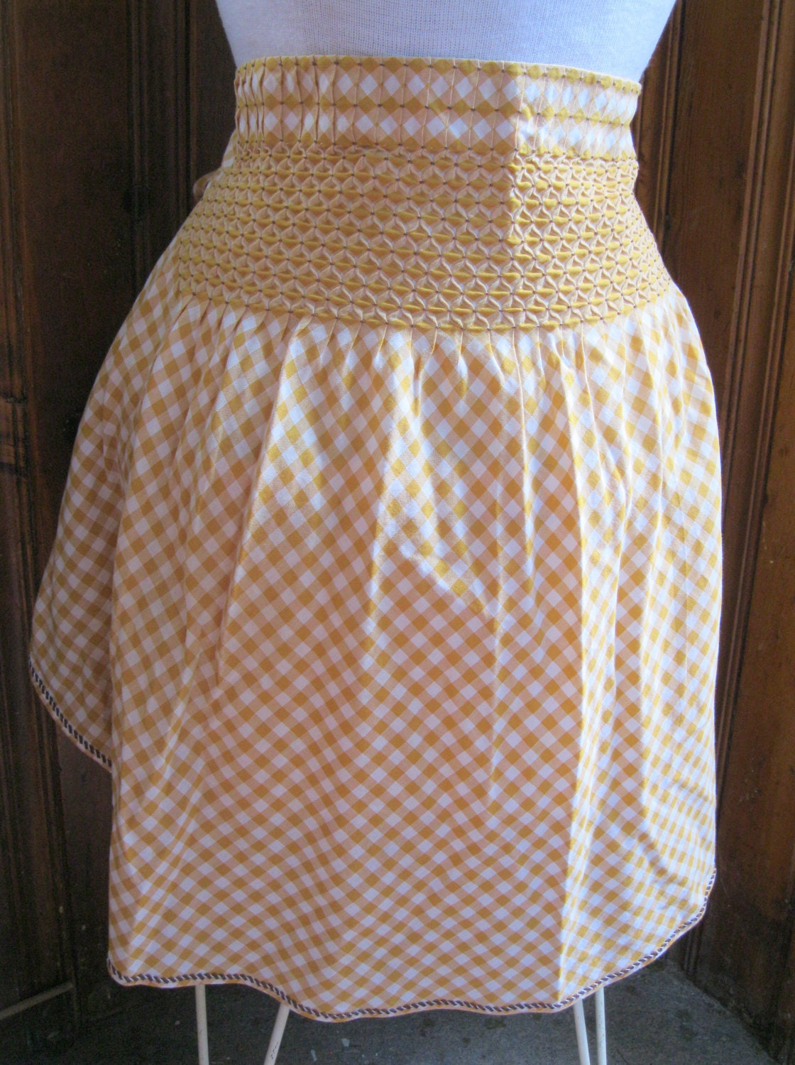 Yellow Gingham Vintage Half Apron with Smocking and Ric-rac - TopDrawerFinds