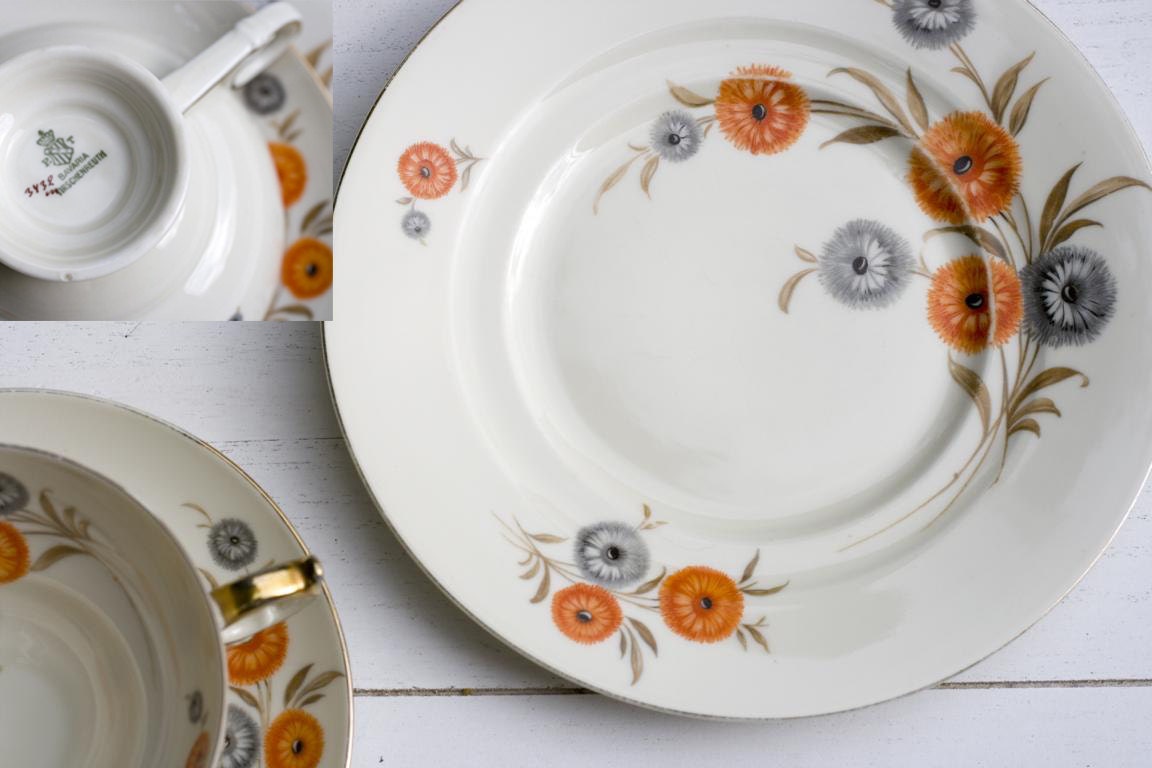 Vintage 1950s Tea Cup and Saucer Trio Set Orange and Grey Floral