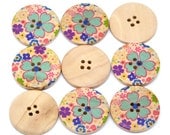 6 Floral (1) Painted Wood Button Four Hole Natural Wood Colour 30mm - 6 Pack