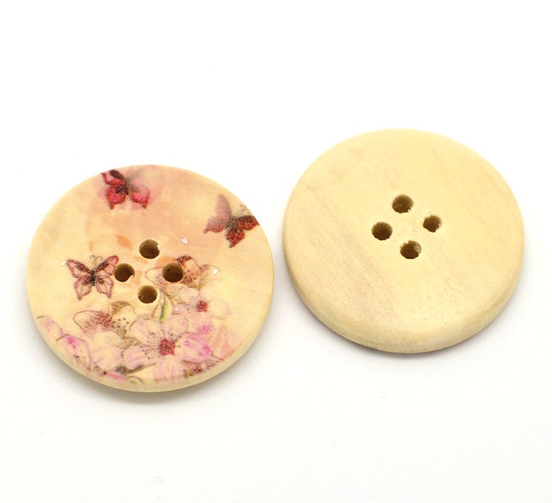 20 Floral Butterfly (Design 15) Painted Wood Button Four Hole Natural Wood Colour 30mm - 20 Pack