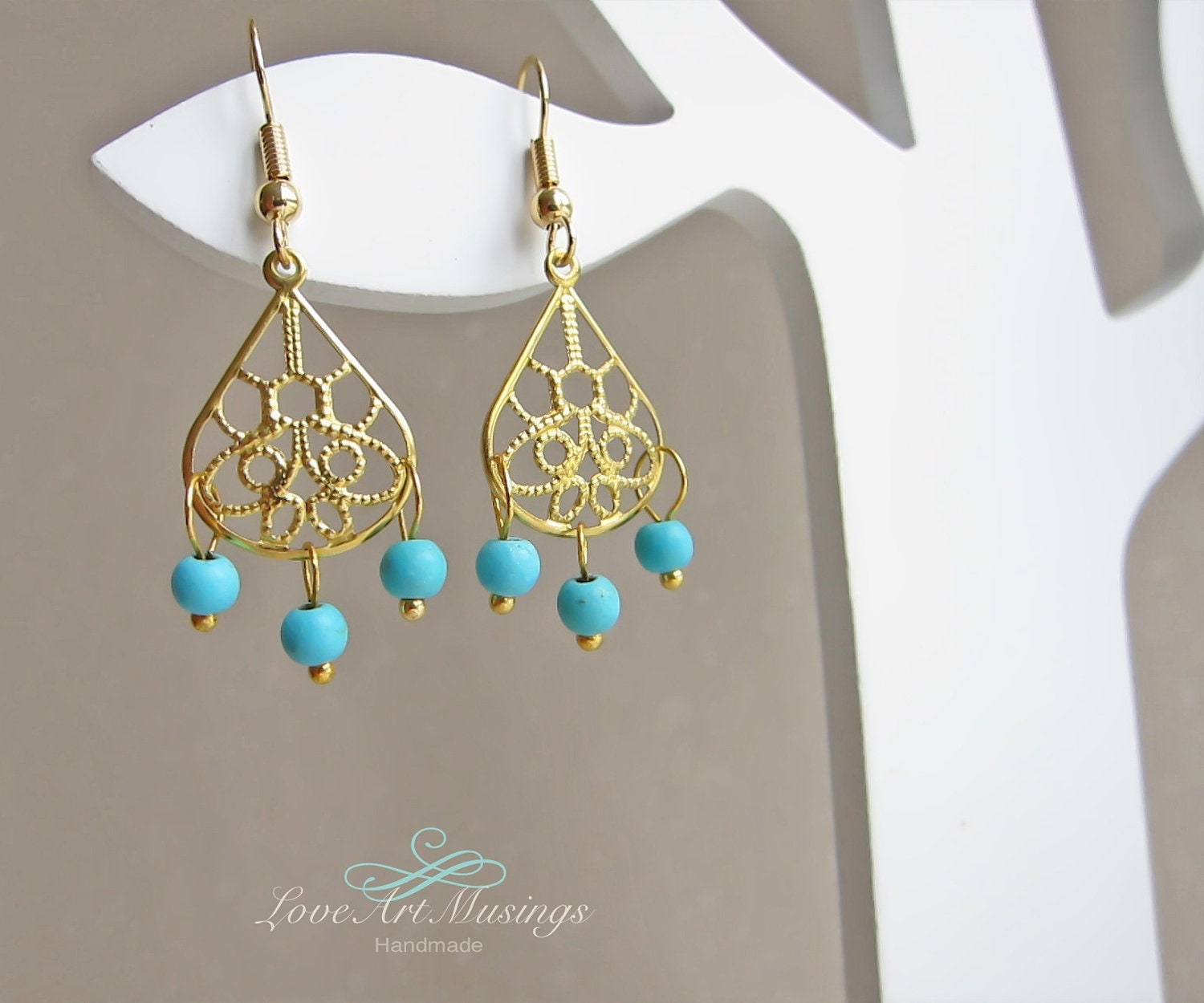 Gold and Turquoise Mini Chandelier Earrings - Gold Filigree Teardrop with Turquoise Stones Dangle Earrings, Bohemian Chic