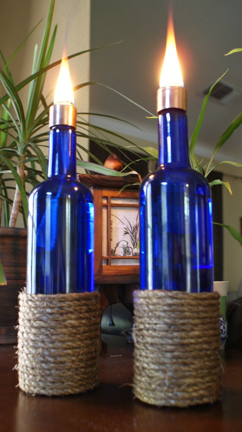 Set of 2  INDOOR Cobalt Blue Manila Rope Wrapped Oil Lamp Bottle-Hurricane Lantern, Indoor Lighting, Oil lamp, Oil Lantern, Tiki Torch