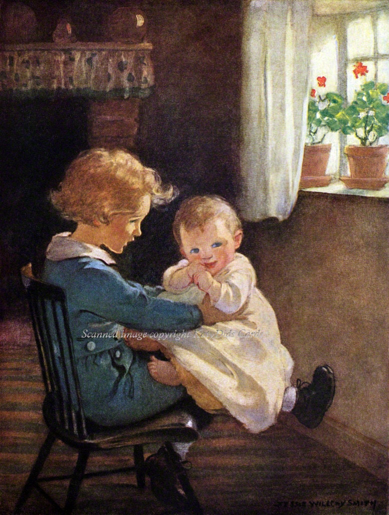 Brother with Baby Fabric Block Cotton - Repro Jessie Wilcox Smith