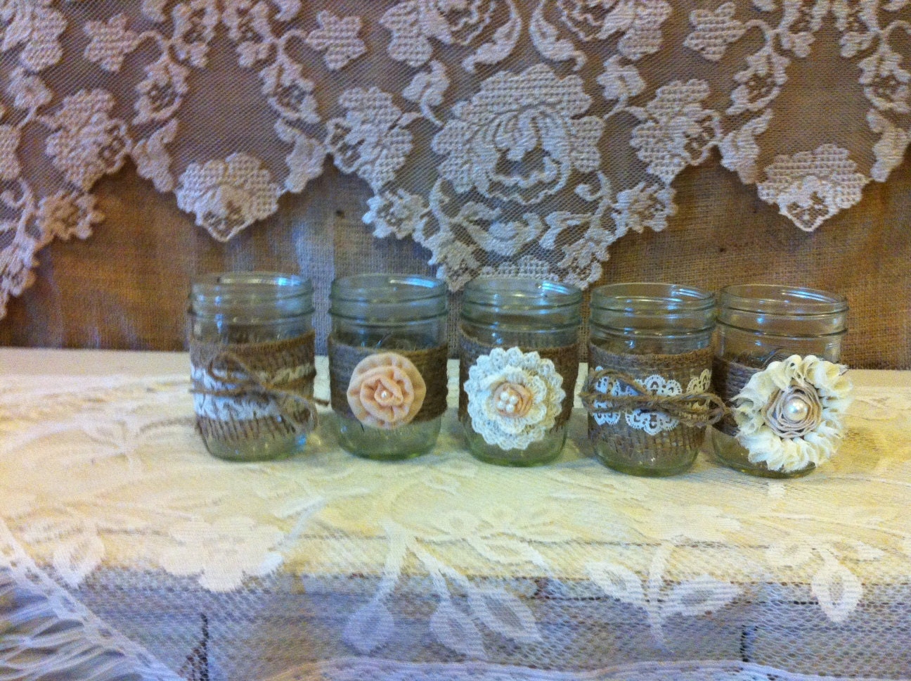 BURLAP LACE MASON Jars Candle Holders  for Wedding and Cottage Decor : Rustic Farm House and Shabby chic/Vintage style decorations