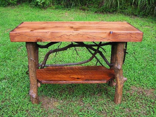 Rustic Handmade red stained pine sofa console Table with shelf Log Cabin Furniture by J. Wade Free Shipping