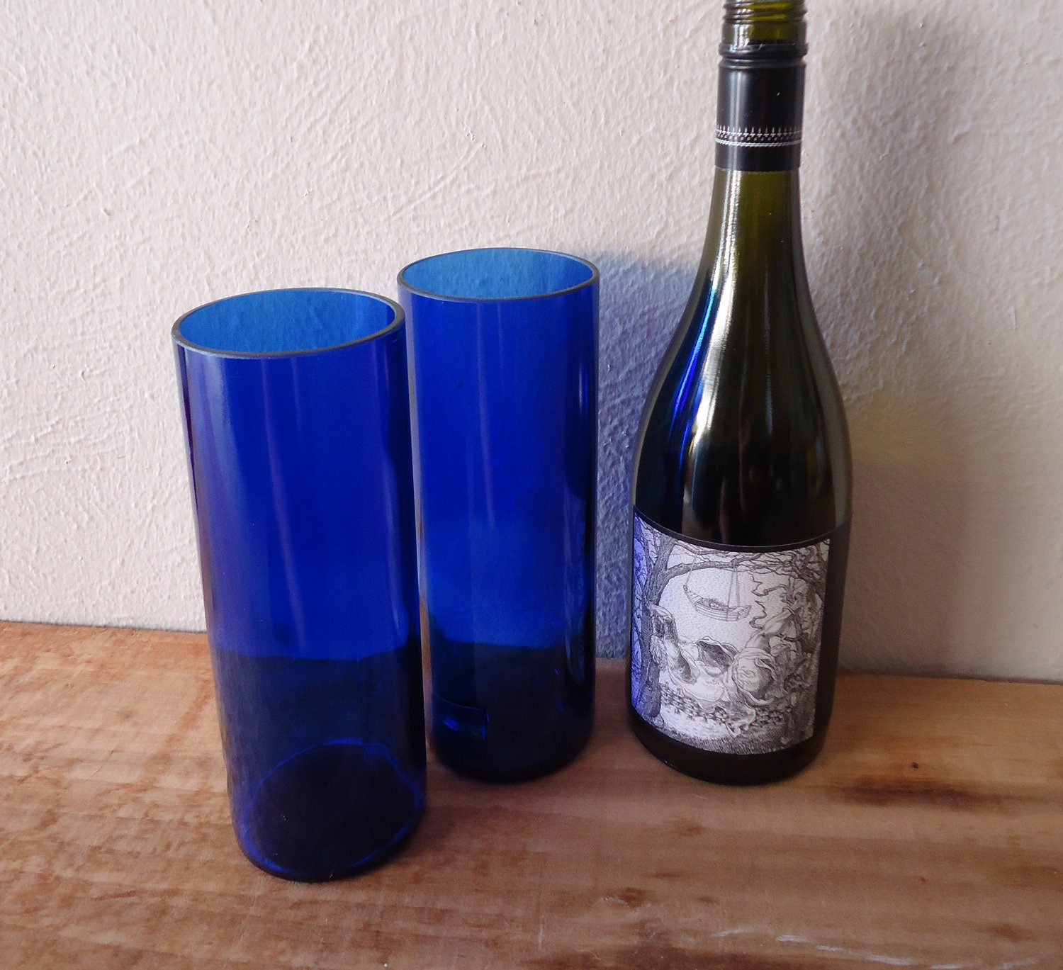 Upcycled Skyy Vodka Bottle Tumblers Drinking Glasses Tall Cobalt Blue Set of 2