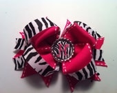 Handmade stacked boutique bow hot pink black & white zebra stripe hair bow clip initial bottle cap