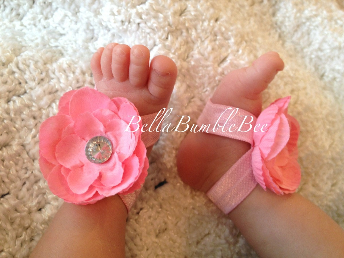 Pink Baby Barefoot Flower Sandals for Newborn Baby or Toddler Girls / Baby Booties Sandles, Shoes, Clothing Accessory, Satin Strap Bling