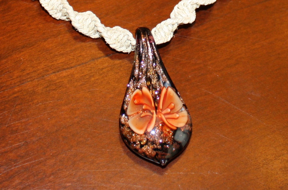 Hawaiian Hibiscus Flower Glass Pendant - Hemp Necklace - Orange Bronze Brown - Spiral Knot - Women Teen Kid Girl