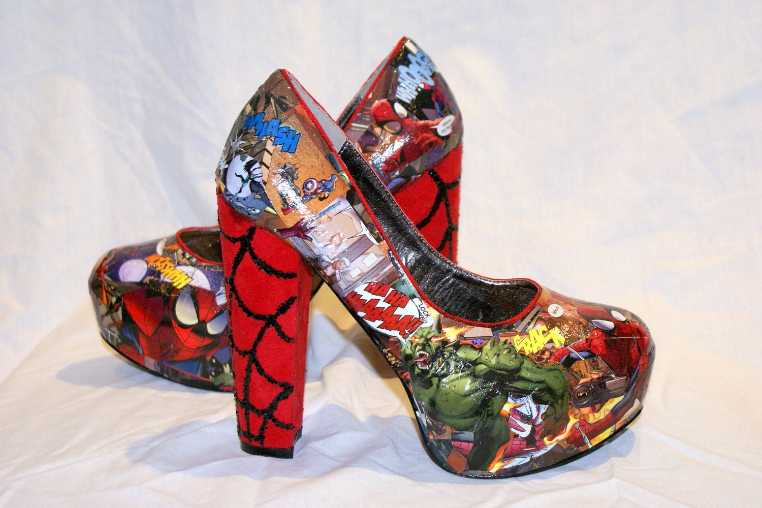 Spiderman comic book Heel with glitter web detail.