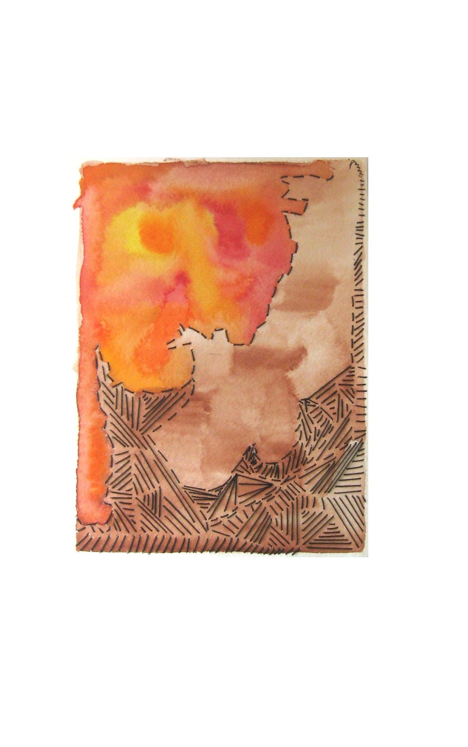 Original Fine Art Mixed Media Painting Watercolor and Fiber Art / Embroidery on Paper Abstract Contemporary Red Yellow Orange Brown Black