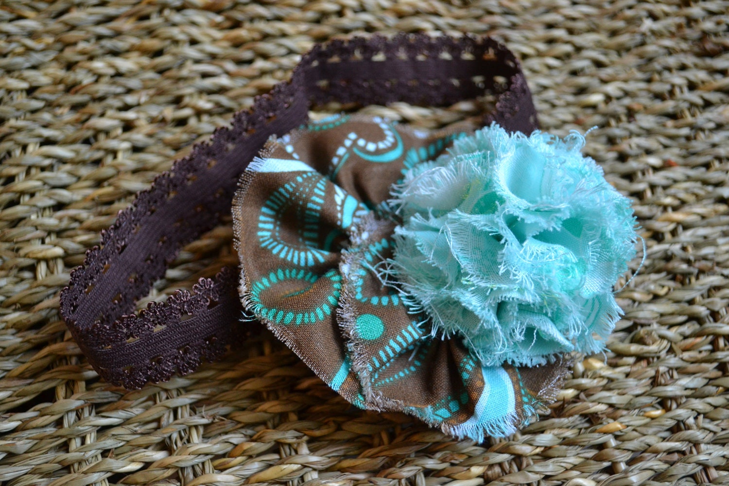 Brown and Aqua Fabric Ruffle/Spiral Puff Combo - Alligator Clip and Headband