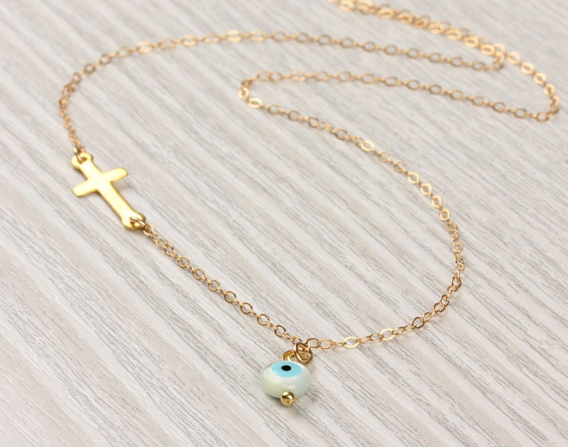 Evil eye necklace, protection necklace, sideways cross necklace, 14k gold filled necklace, gold cross pendant, faith necklace, "Stilbe"