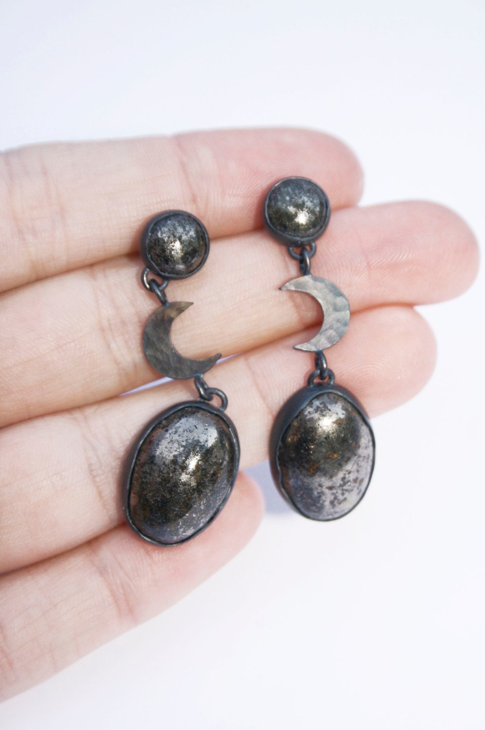Pyrite Moon Earrings, Bezeled Pyrite with Silver and Moon Long Dangle Earrings