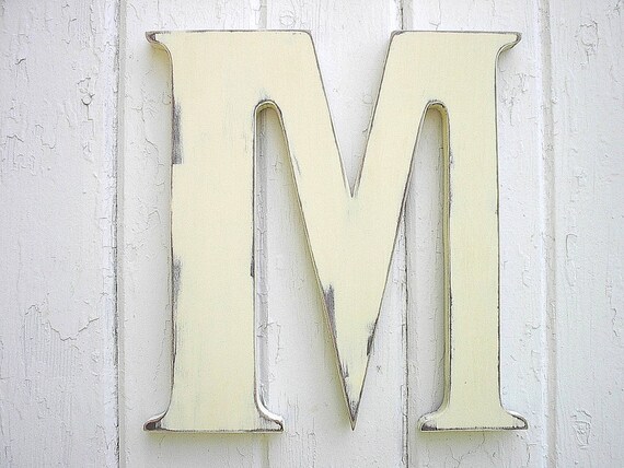 Nursery Letter M Wood Antique White Shabby chic Kids wall art Initial Alphabet Rustic Cabin Cottage Decor
