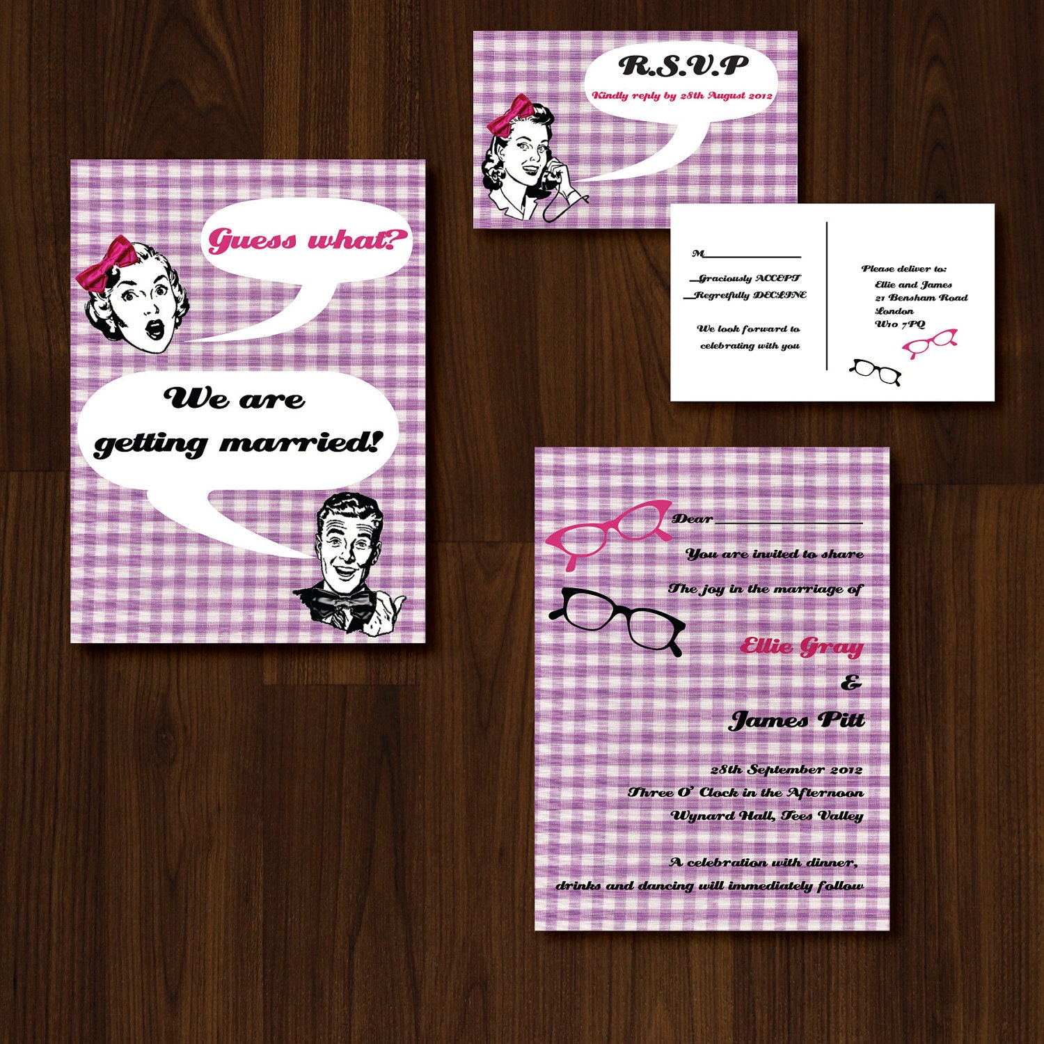 Retro, 50s, Vintage, Fun, Purple and Black Printable DIY Wedding Invitation Il_570xn