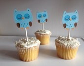 Set of 24 BLUE Owl Cupcake Toppers, Baby Shower, First Birthday,Forrest Friends,Woodland Animals,Forest Friends,Headghog,Fawn,Skunk