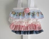 ClearanceTote Bag Child's Ruffled Shabby Chic With Embellisments Rosette Denim, Small Tote Shower Deco Lace Girls