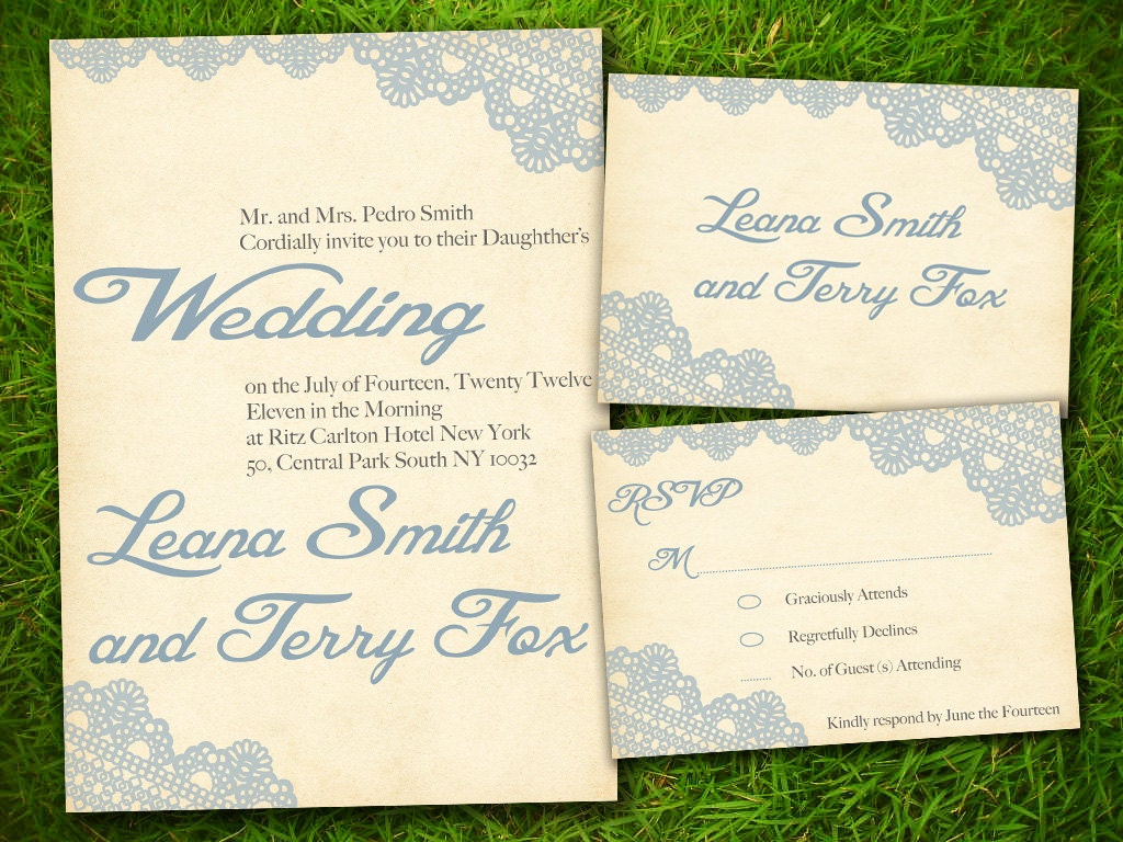 Wedding Invitation and RSVP Card Suite - Vintage Lace Classic Grayish Blue Formal Customizable Elegant Double Sided DIY Printable