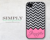 Personalized iphone 4 case - iphone 4s case - plastic or silicone rubber -  pink and glittery chevron monogram  ( NOT ACTUAL GLITTER )