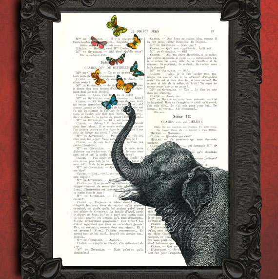 Butterfly blowing elephant vintage mixed media illustration book page - beautifully upcycled french book page art print