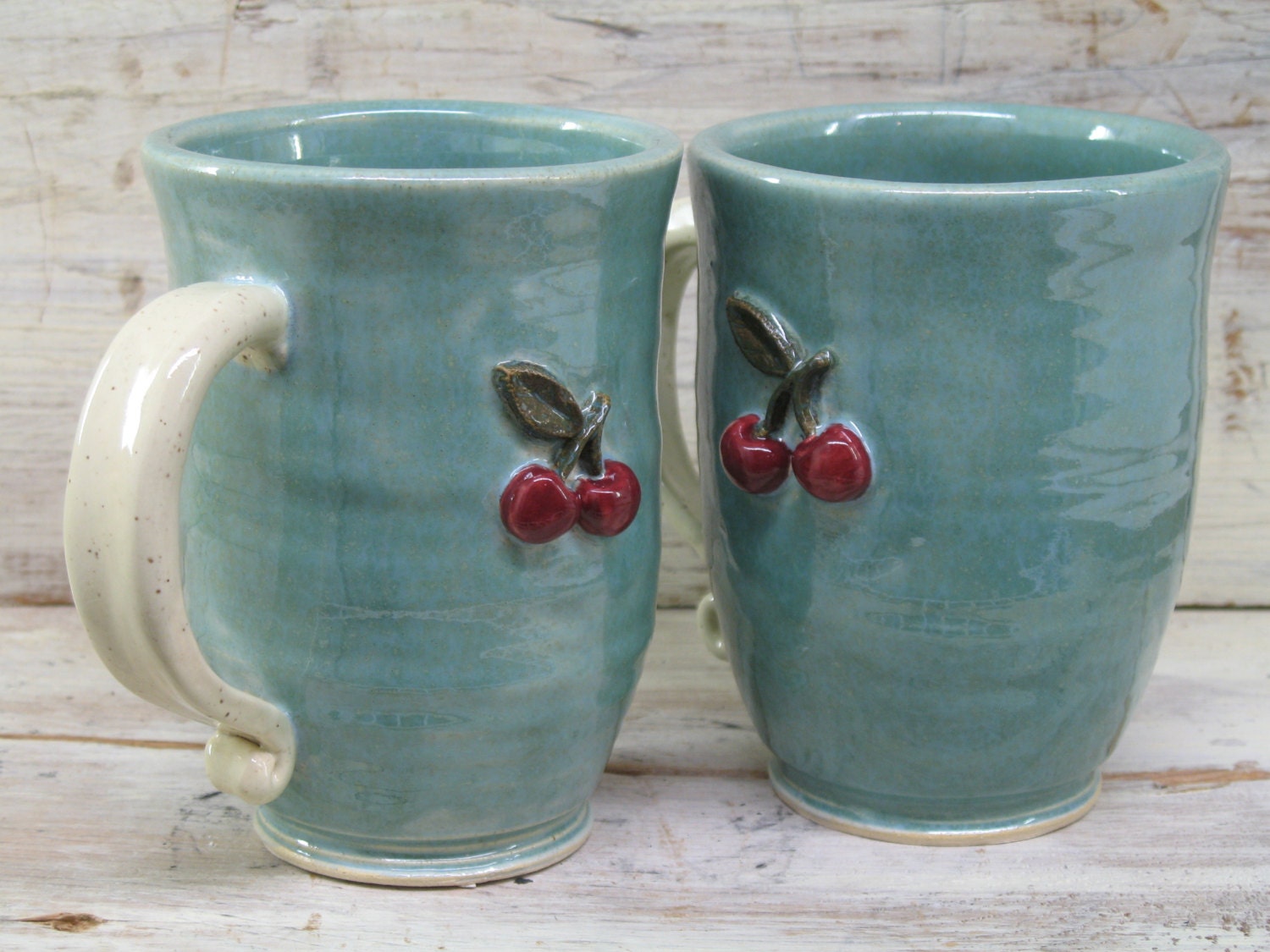 Large coffee cup mug with Cherry / Handmade pottery by Heidi