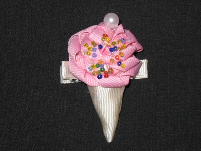 NEW "Ice Cream Cone" Birthday Girls Ribbon Sculpture Hairbow Clip Party