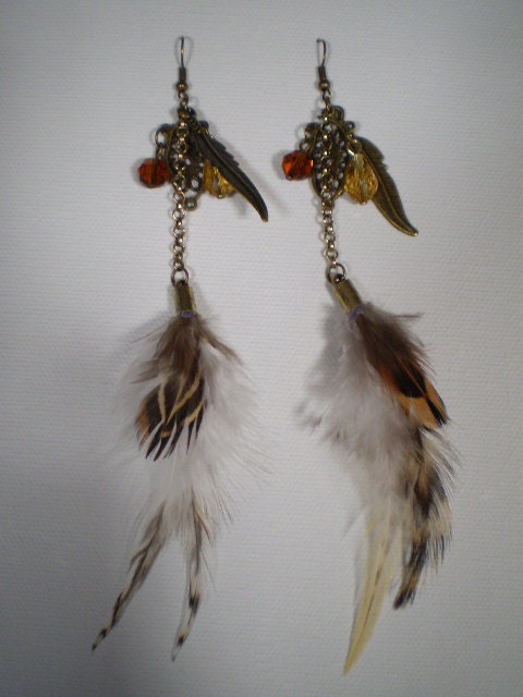 Faux Feather Beaded Earrings with Leaf Charms