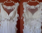 SALE White Lace Flower Petals Pearls Deep V Chiffon Gown , Wedding Reception Evening Prom Formal Maxi Dress