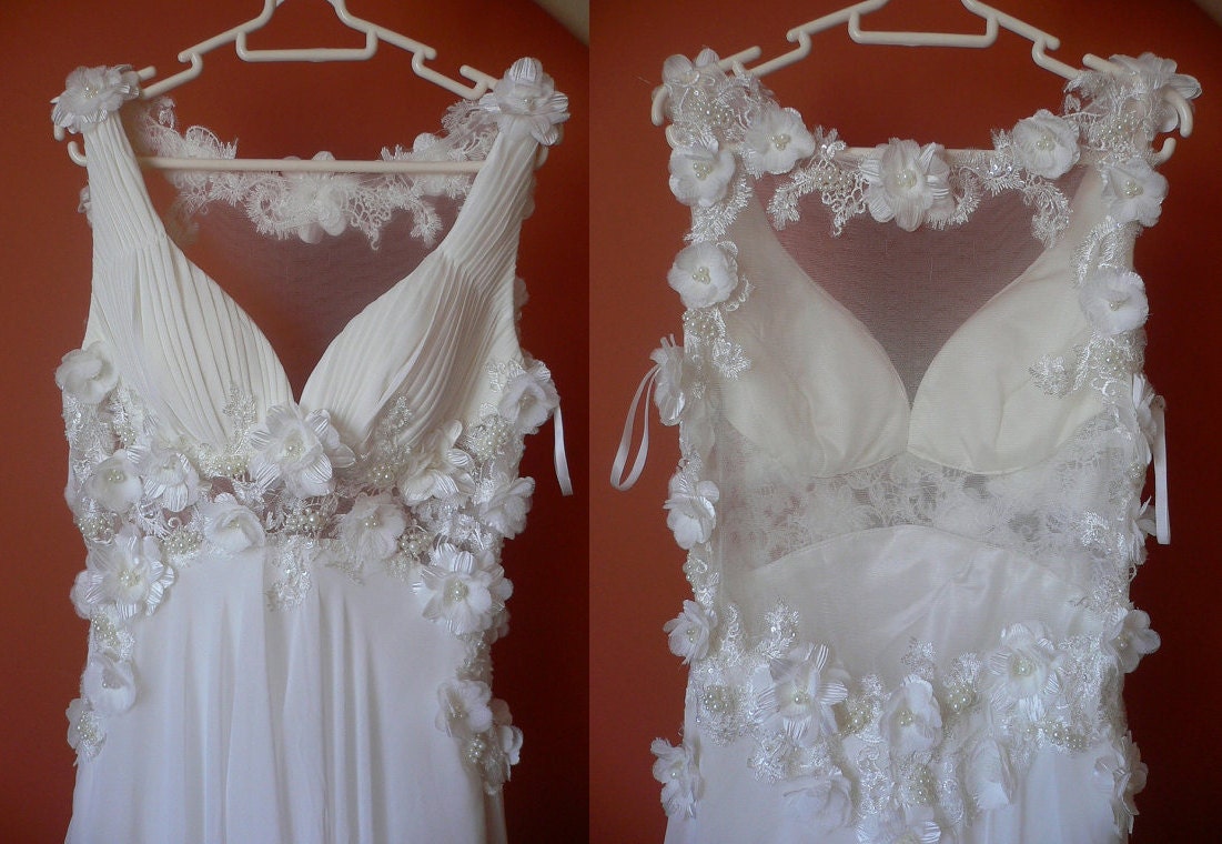 SALE White Lace Flower Petals Pearls Deep V Chiffon Gown , Wedding Reception Evening Prom Formal Maxi Dress