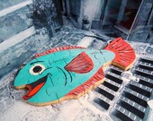 Fun painted in red and blue wooden puzzle fish magnets