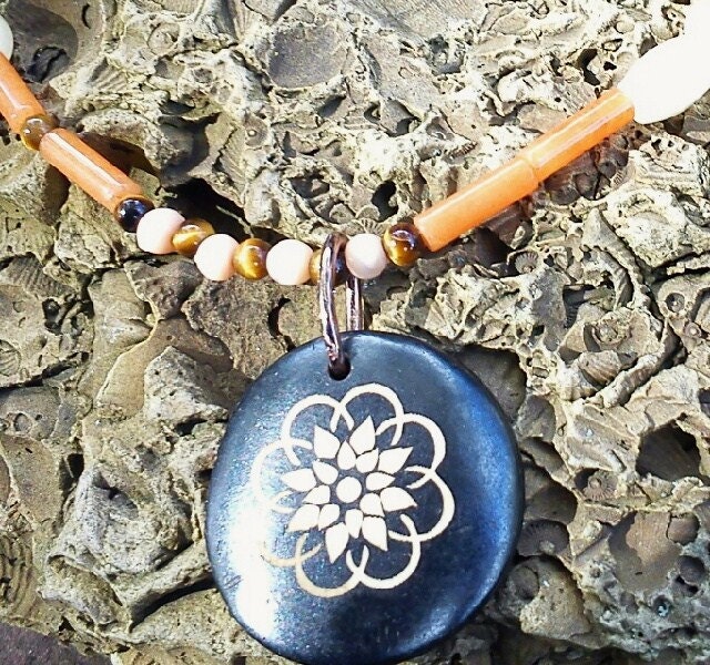 Carnelian, New Jade, Tiger's Eye necklace with ox bone lotus flower pendant