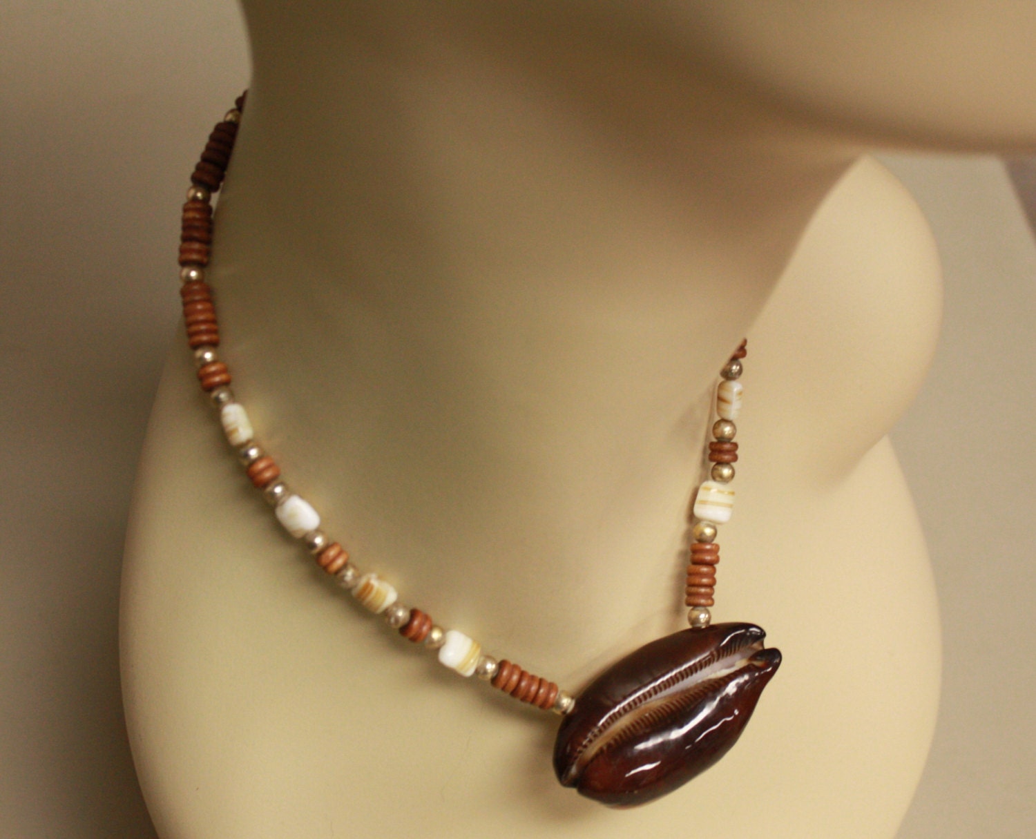 1970s Large Cowrie Sea Shell - Wood Bead - Art Glass Bead Choker
