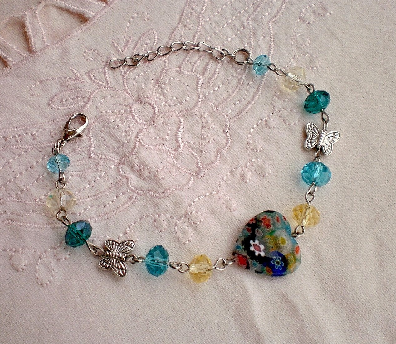 Colorful Crystal Beaded Bracelet/ Blue Zircon/ Millefiori Glass Heart Element / Butterfly Handcrafted Designer Jewelry