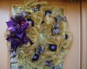 Deco Mesh Gold and Plum Poinsettia Holiday Wreath, Poinsettia Wreath, Christmas Wreath, Deco Mesh Wreath