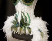 Size S-White Peacock Showgirl Saloon Girl Moulin Burlesque Rouge Costume w/Feather Train