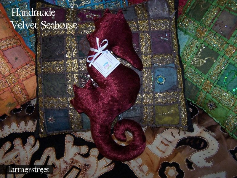 Handmade Velvet Seahorse in luscious BURGUNDY. Bed and lounge decoration. Safe for Babies & Children.