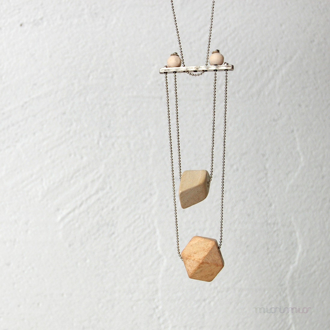 Eco friendly sparkling fashion cocktail urban necklace. Wood beads and silver colored chain. Ready to ship.