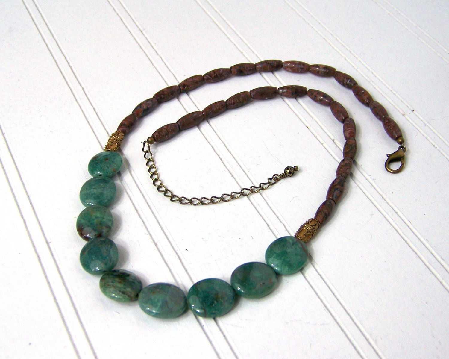 Beaded Gemstone necklace, Lush african jade and leopardskin jasper, gold brass finishes - NobleEarthJewelry