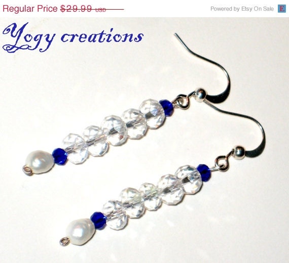 SALE 10% Off White blue glass crystal drop silver earrings jewelry gift