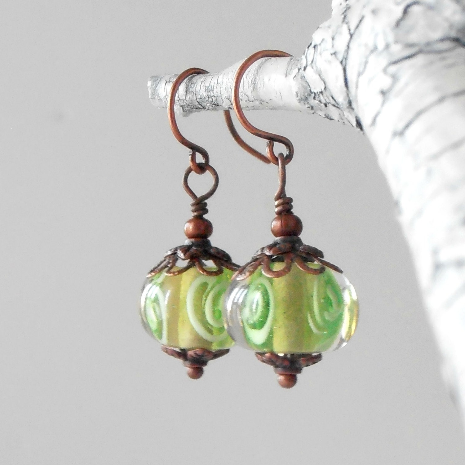 Green Swirl Lampwork Earrings Lime Glass Bead Dangles Antiqued Copper Beaded Earrings Handmade Jewelry