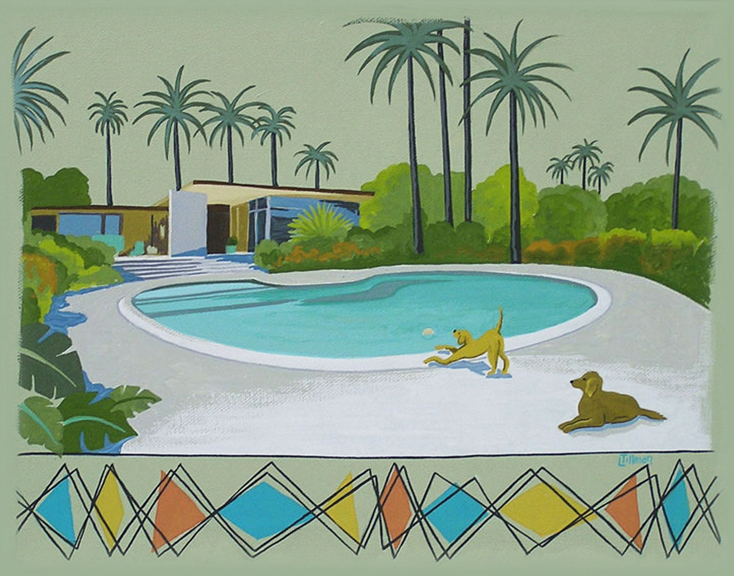 Mid Century Modern Eames Retro Limited Edition Print from Original Painting Palm Springs Pool Dogs