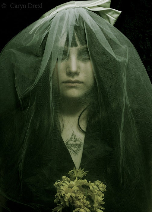 The Bride - FREE SHIPPING - Black Green Yellow Veil Heart Barbed Wire Flames Tattoo Goth Bride daisies flowers Dark Portrait