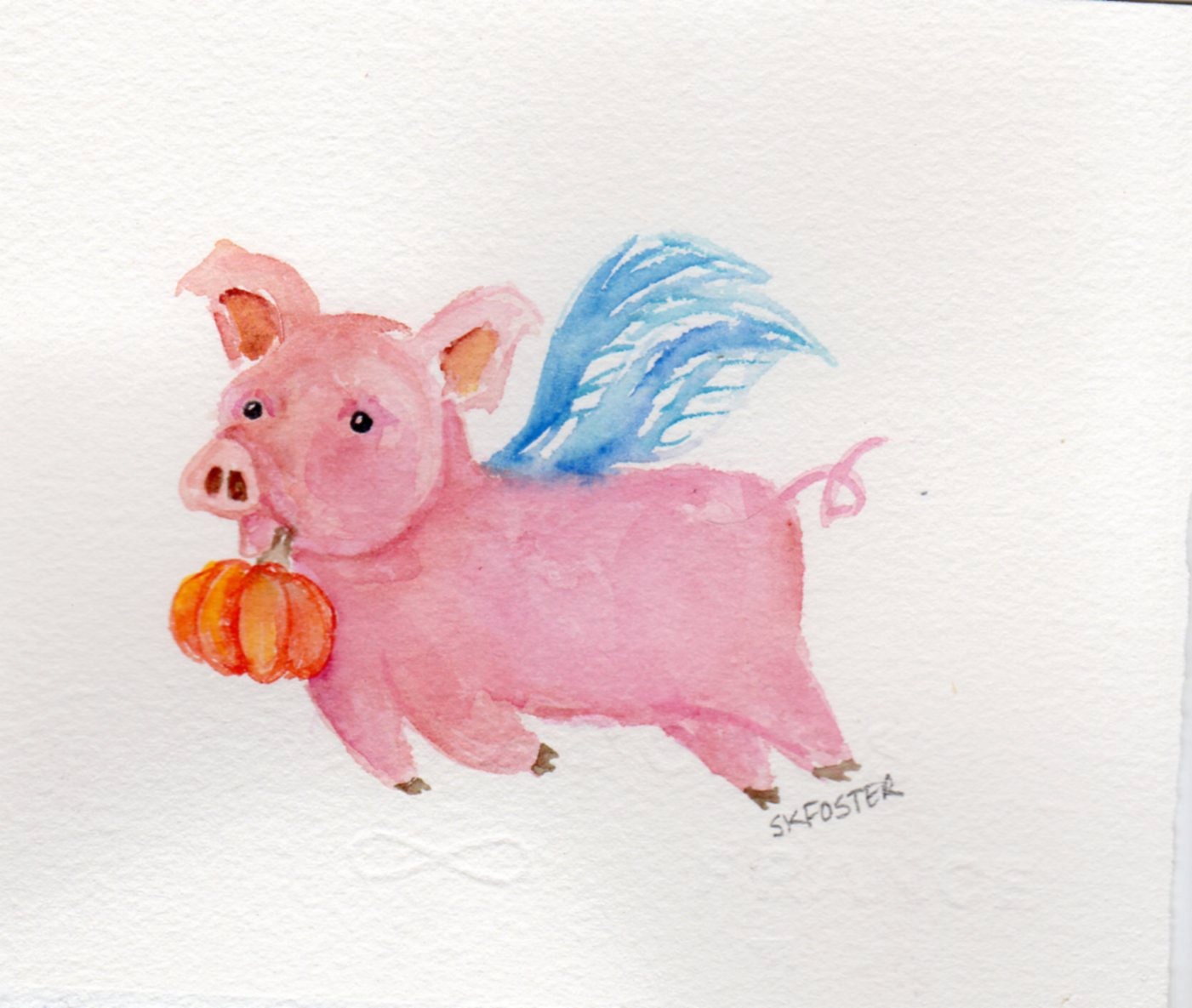 Flying Pig with Pumpkin original watercolor ART, when pigs fly especially pigs with a pumpkin