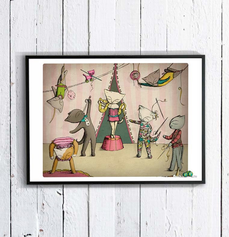 Cat art print - circus cats - secret life of the cat - A4