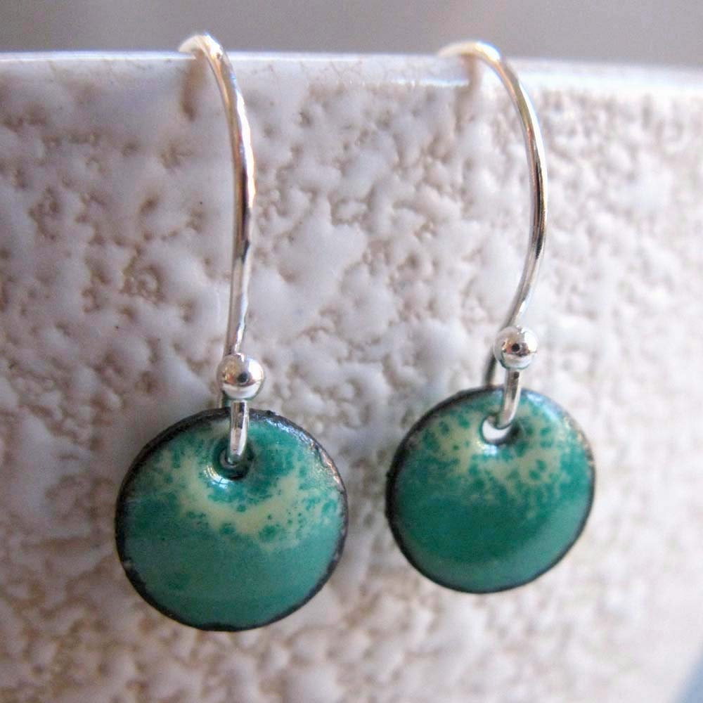 Ready to Ship: Petite Ombre Enamel Earrings, Emerald and Mint Green Kiln Fired Glass Enamel, Sterling Silver Hooks, Small Dangle Earrings