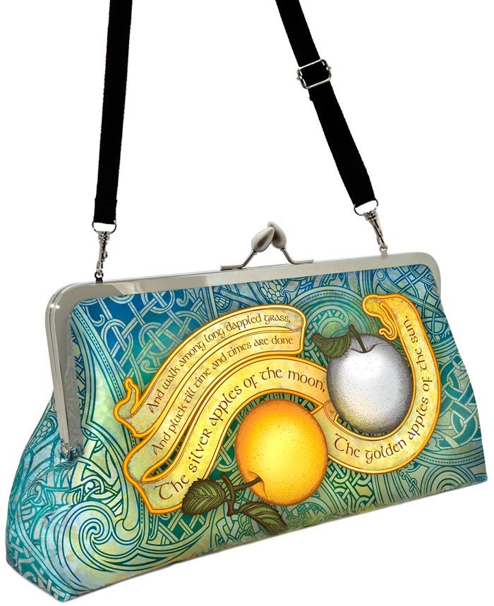 Printed Celtic W. B.Yeats LARGE clutch/shoulder bag in dupion and printed satin. Unique, designed by Baba Studio.