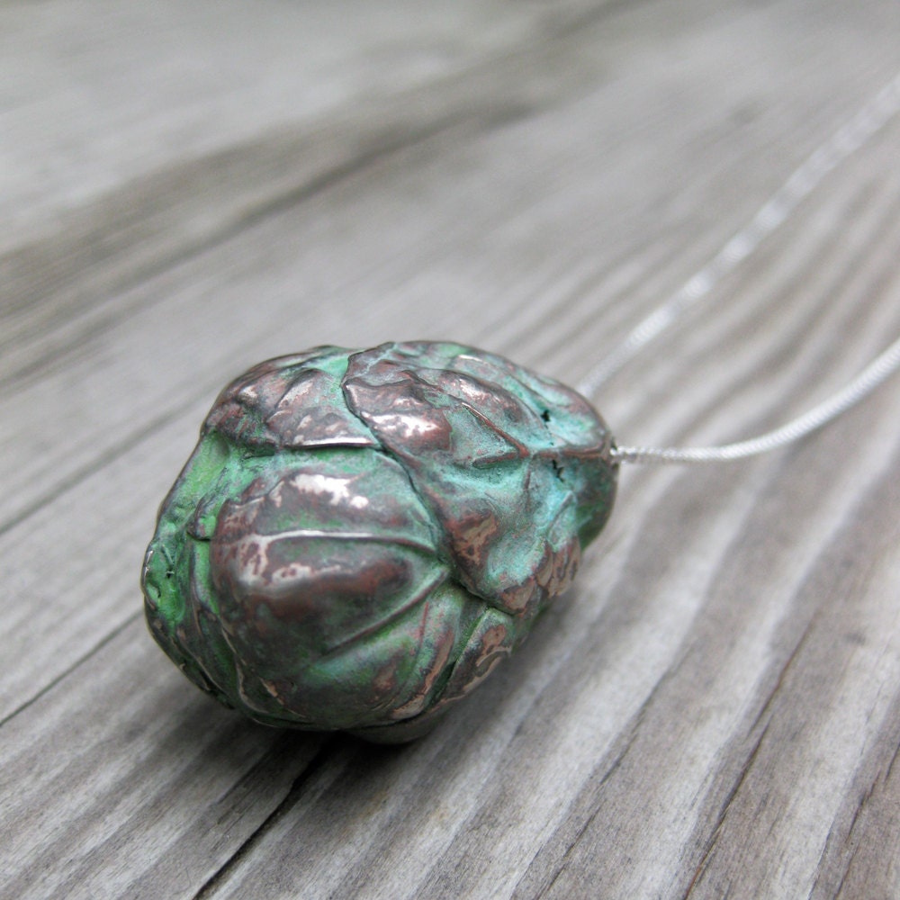 green BRUSSEL SPROUT solid cast white bronze on sterling necklace Made to Order